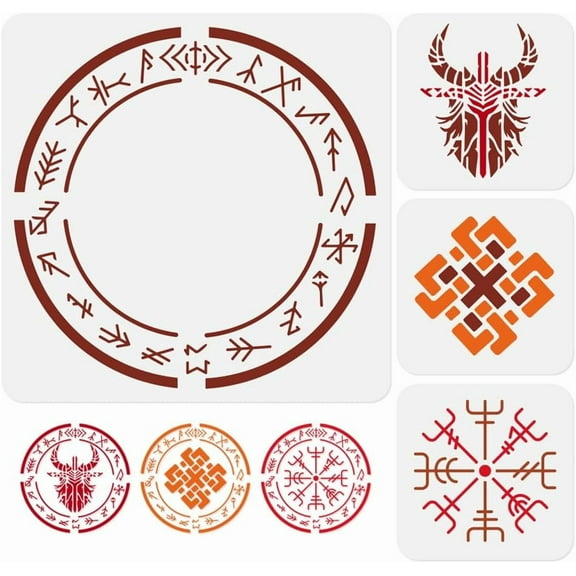 4Pcs Viking Stencil Template Plastic Reusable Vegvisir Stencils for Painting on Walls Floors Fabric Furniture Glass