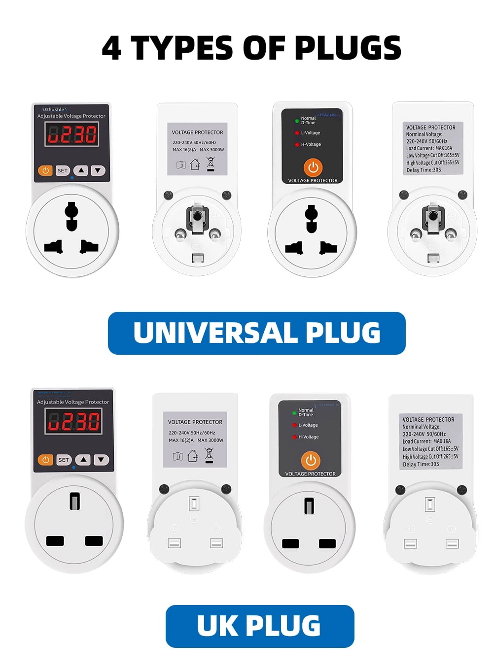 Automatic Voltage Protector Socket Adjustable Power Surge Protector Universal/US/EU/UK Plug Voltage Safe Protection Device AC 220V 16A