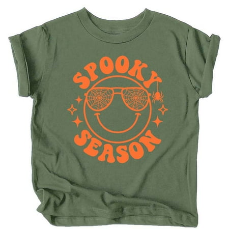 

Spooky Season Smiley Face Halloween Shirts and Bodysuits for Infant Baby and Toddler Youth Girls Orange on Military Green Shirt Youth Medium