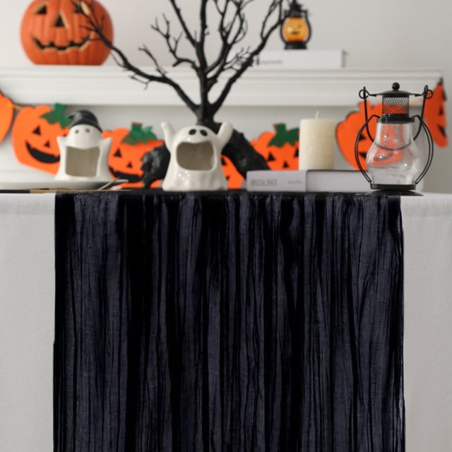Musbetu Chemin de Table de Mariage Style Gaze Halloween Plissé Noir Pur Anti-Taches Réutilisable Protection de Table Décoration Bal Banquet