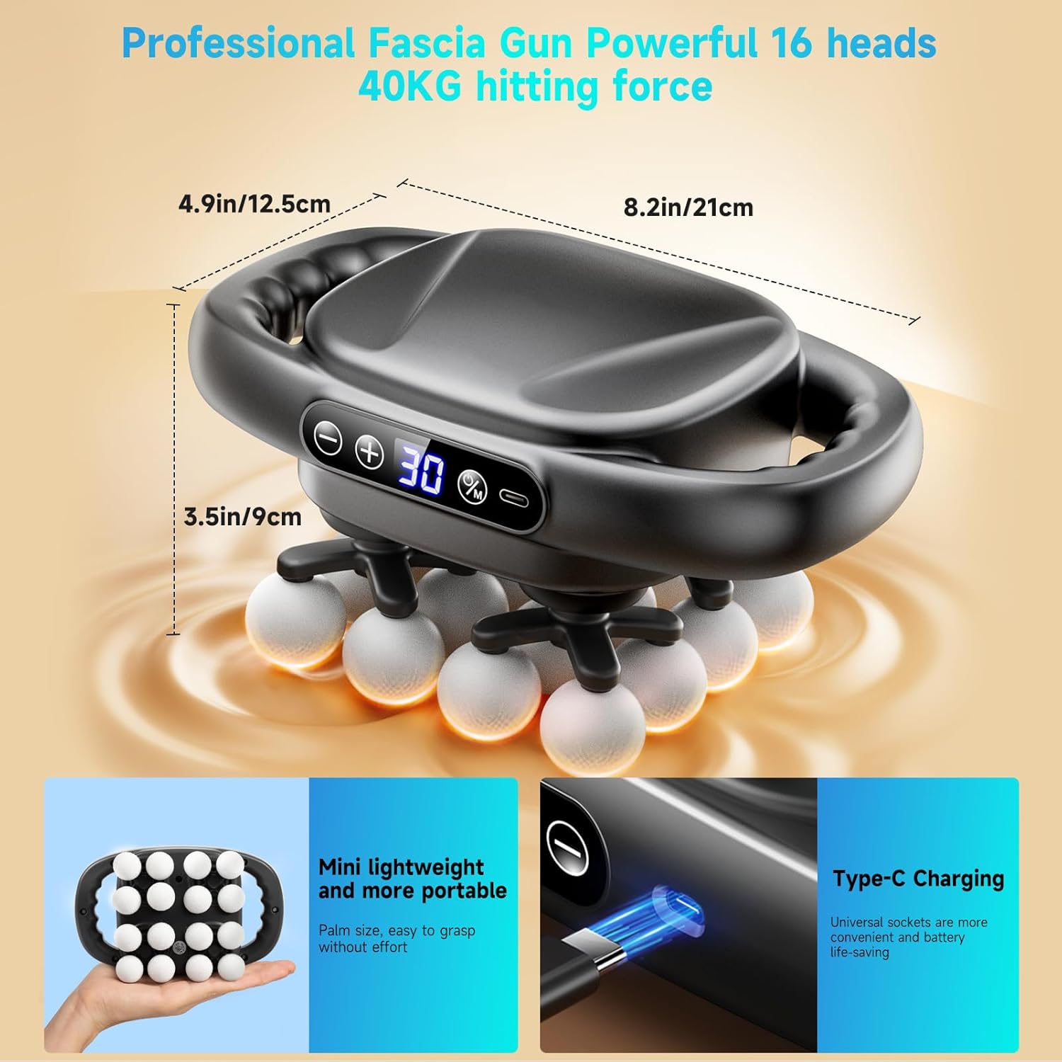 SLUMLOVE 16-Head Massage Gun, Deep Tissue Muscle Massager with 3 Modes & 30 Intensity Levels, Percussion Massage Gun for Back, Neck, Shoulders, Legs and Body Pain Relief