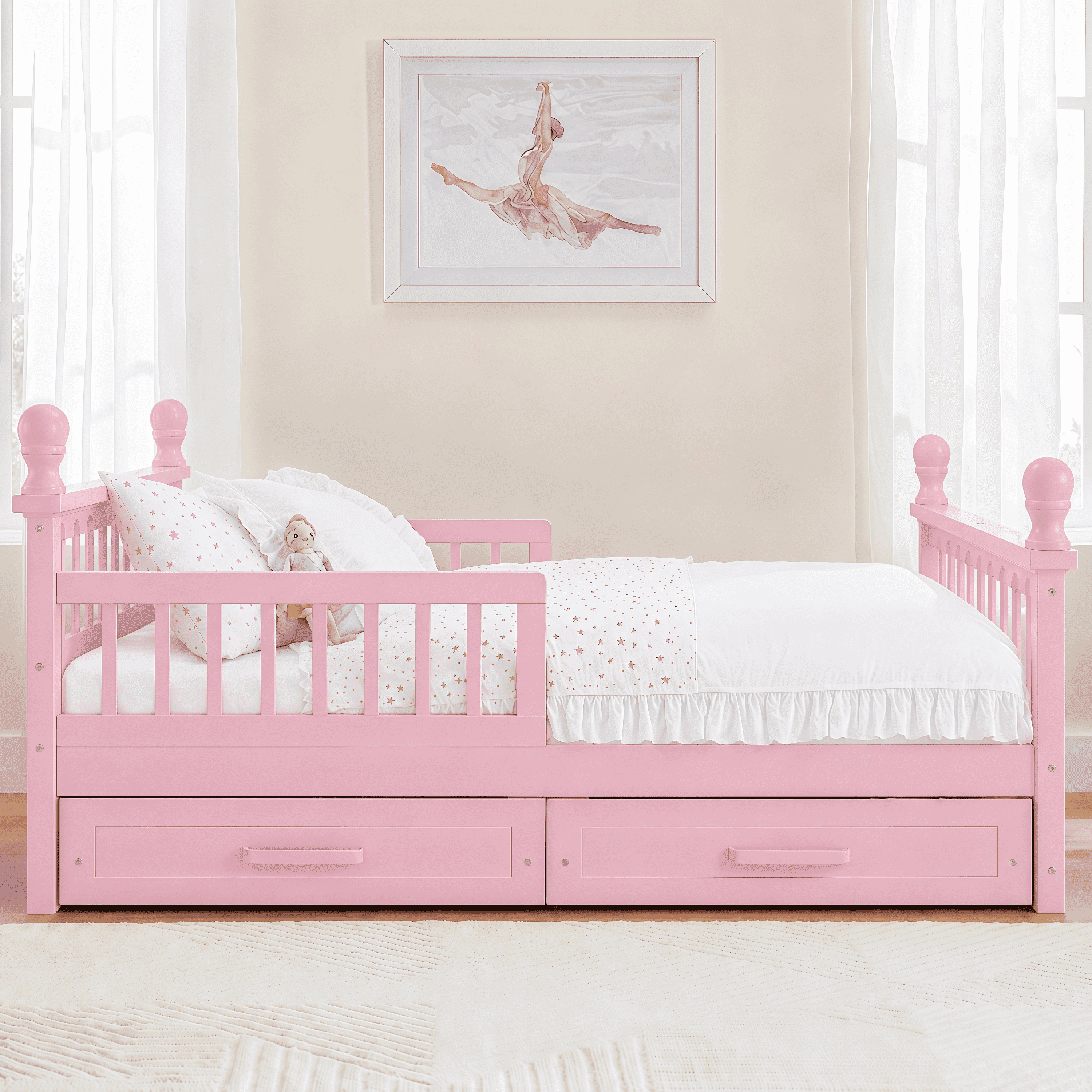 Euroco Wood Twin Size Platform Bed with Drawers, Low Profile Kids Bed with Safety Guardrails, No Box Spring Needed, Pink
