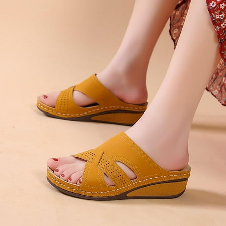 

Sunvit Womens Slide Sandals- New Style Open Toe Hollow Casual Retro Summer Flat Slide Sandals #904 Yellow-8