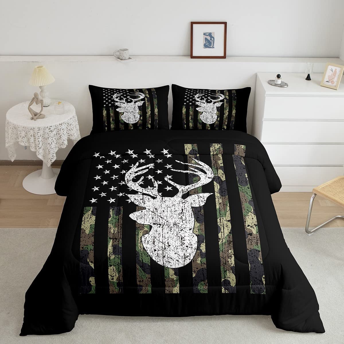 Deer Camo Comforter Set Queen Antlers Hunting Camo Bedding Sets for