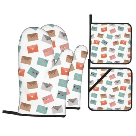 

Oven Mitts and Pot Holders 4 Piece envelope Pattern heart High Heat Slip Resistant Oven Mitt and Trivets Set Kitchen Oven Glove Pot Holders for Cooking Baking Grilling