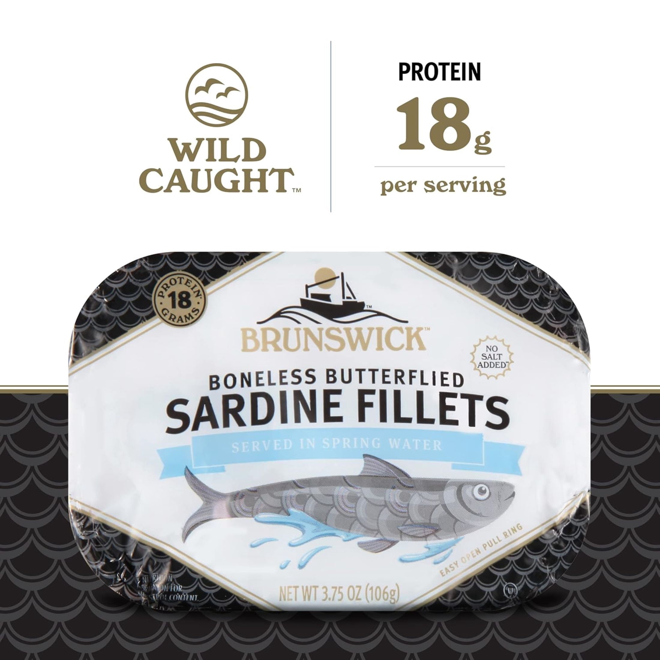 Brunswick Sardines in Spring Water, 3.75 oz Can - Boneless Butterflied Sardine Fillets - Wild Caught - 18g Protein per Serving - Gluten Free, Keto Friendly