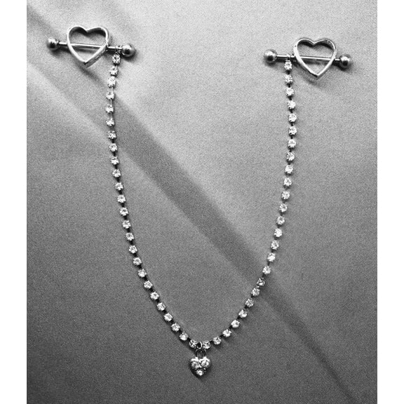 14G (1.6mm) Heart Nipple Ring Chain (CZ Chain) 316L Surgical Steel Nickel Free (1 piece,One Piece)