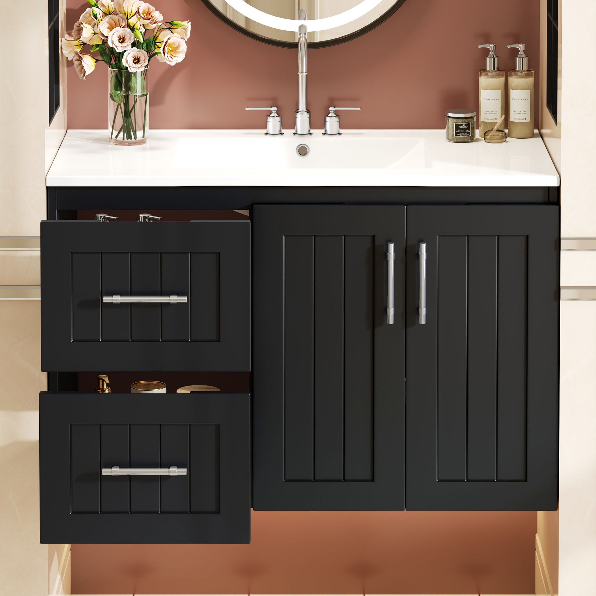 Euroco 36'' Wall Mounted Bathroom Vanity, Floating Bathroom Storage Cabinet with 2 Drawers, 3 Holes Single Ceramic Sink, Modern Cabinet with Adjustable Shelf