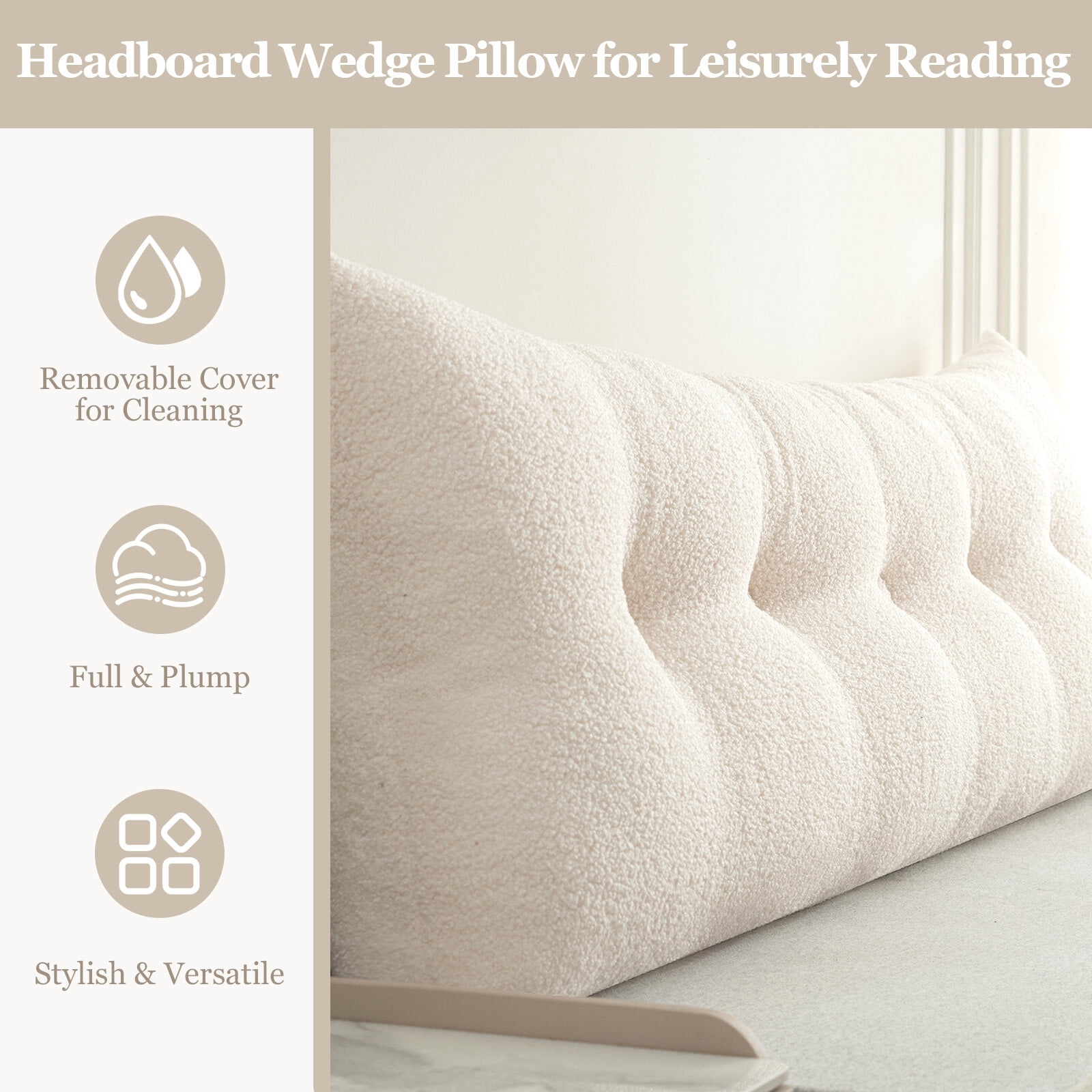 ANMINY Headboard Pillow, Teddy Velvet Fabric, Bed Rest Reading Pillow, Removable & Washable Cover, Daybed Wedge Pillow for Twin Beds