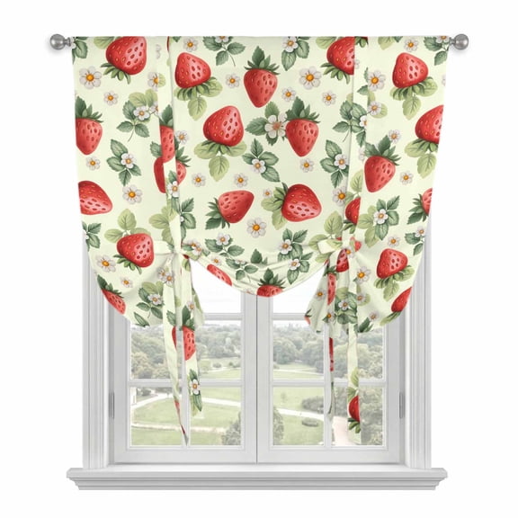 Red Strawberry Balloon Curtains 63 Inch Length for Living Room/Bedroom, Summer Fruits Farmhouse Leaves Flower Pastoral Rod Pocket Privacy Door Curtains Decorative Tie Up Shade for Window 52"x63"