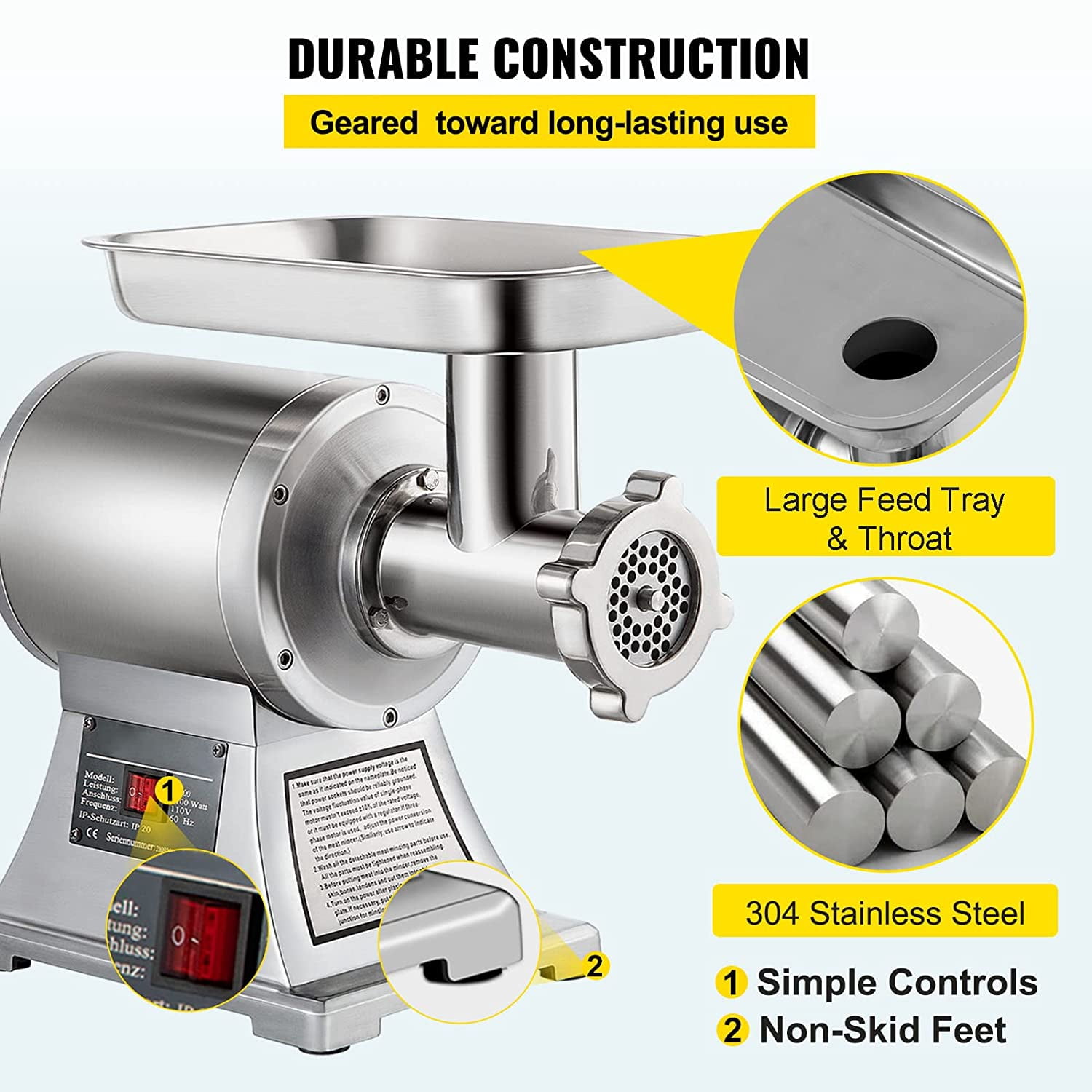 BENTISMbrand Commercial Electric Meat Grinder, 550lbs & 1100W Commercial Sausage Stuffer Maker, 220 RPM 1.5HP Stainless Steel Food Grinders for Industrial and Home Use