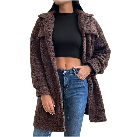 

Women Fleece Sherpa Fuzzy Jacket Open Front Cardigan Long Sleeve Winter Warm Coat Hoodless Casual Outerwear
