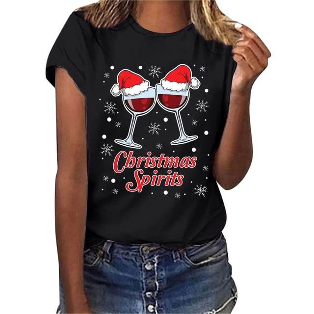 Gibobby Tops navideños para mujer Navidad Copa de de nieve Impresión O Cuello Manga corta Camiseta suelta Blusa Tops(Negro,G)