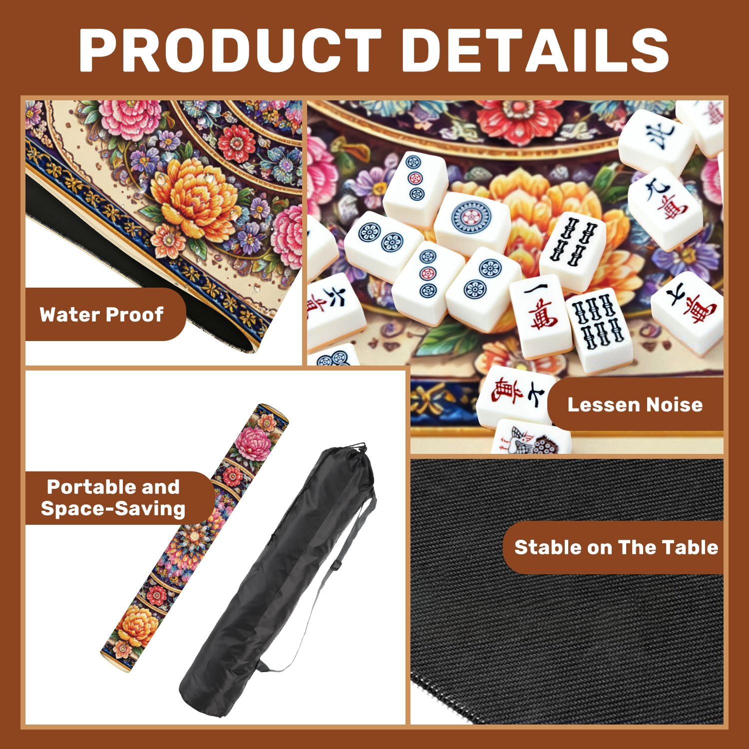 Mahjong Mat 31.5" x 31.5" Colorful Floral Bird Mandala Vibrant Design Elements Non-Slip Noise Reduction Mahjong Tiles Table Cover for Dominoes Poker Card Board and Tile Games
