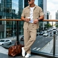 thumbnail image 4 of Bpyeka Men's Linen-Look Cargo Matching Set, Button Down Collar Short Sleeve Shirt With Flap Pockets & Drawstring Waist Pants, Workwear Two-Piece Outfit, S-3XL, 4 of 6