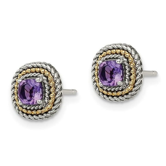 Auriga Fine Jewelry Sterling Silver with 14K Gold Antiqued Cushion Amethyst Stud Earrings for Women