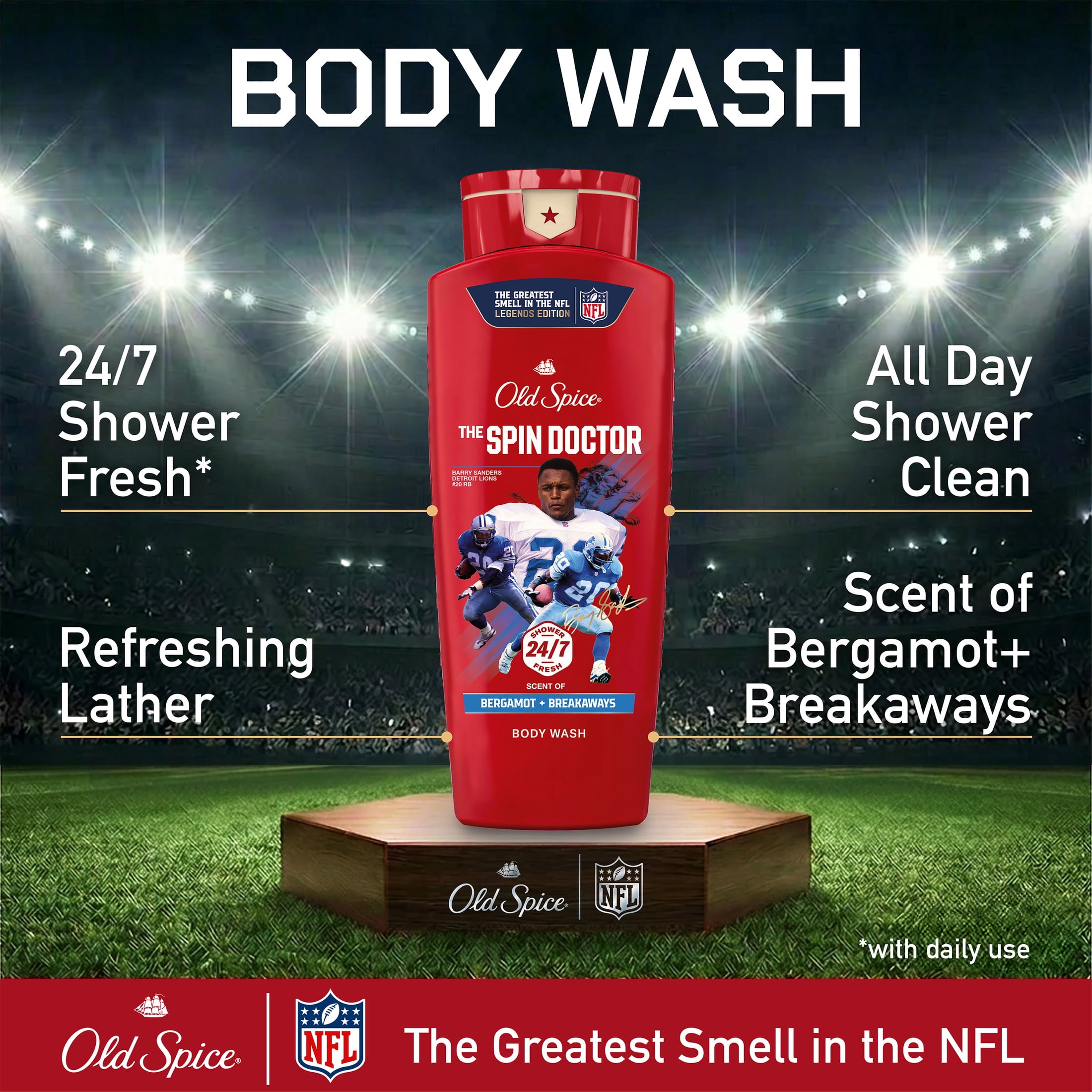 Old Spice Body Wash for Men, NFL Collection, Barry Sanders, Scent of Bergamot + Breakaways, 24 fl oz