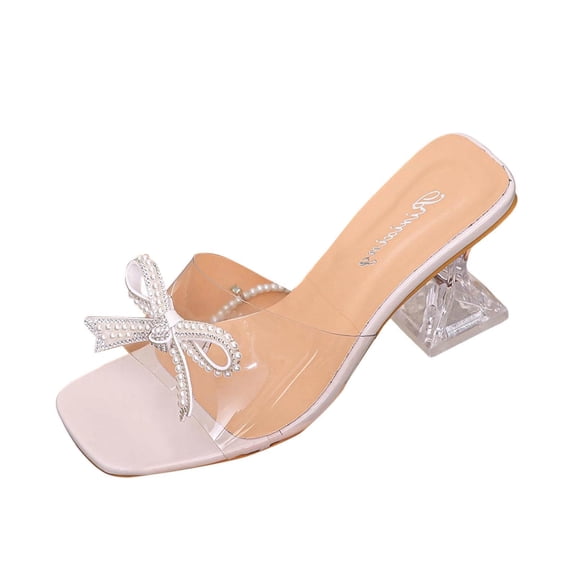 Gpaecead Women Clear Rhinestone Bow Mid Heel Mules One Strap Spring Summer Height Party Elegant Shoes,Beige
