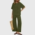 thumbnail image 2 of 2 Piece Linen Set for Women, Solid Color Short Sleeve Tops and Wide Leg Pants Button Suits Beach Vacation Outfits with Pockets Linen Pant Sets Women 2 Piece Outfits Green XXL, 2 of 7