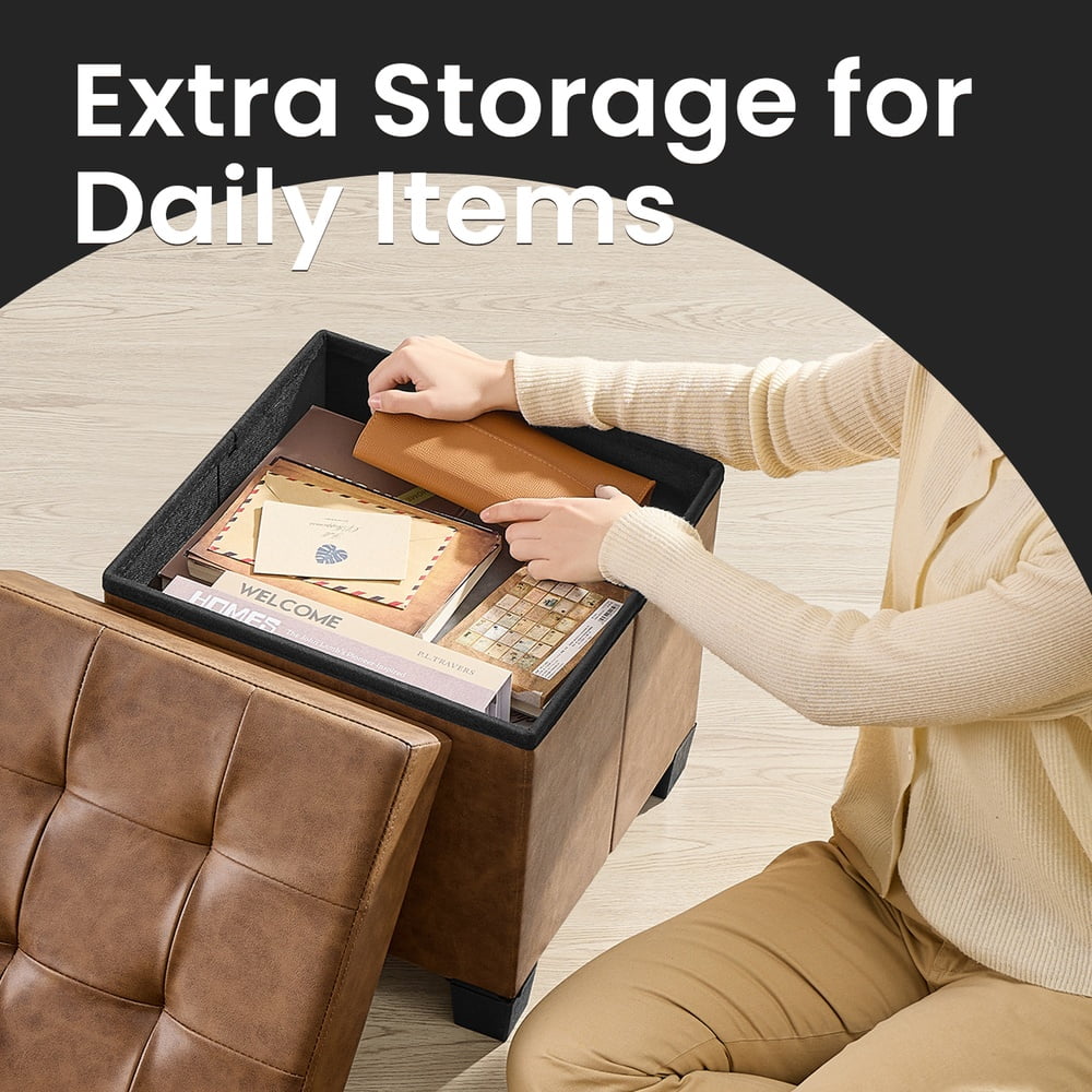 LEDREM 15" Ottoman Storage Bench, Foldable Footstool 660 lb Capacity with 10 Gallon Storage, Synthetic Leather, Coffee Brown