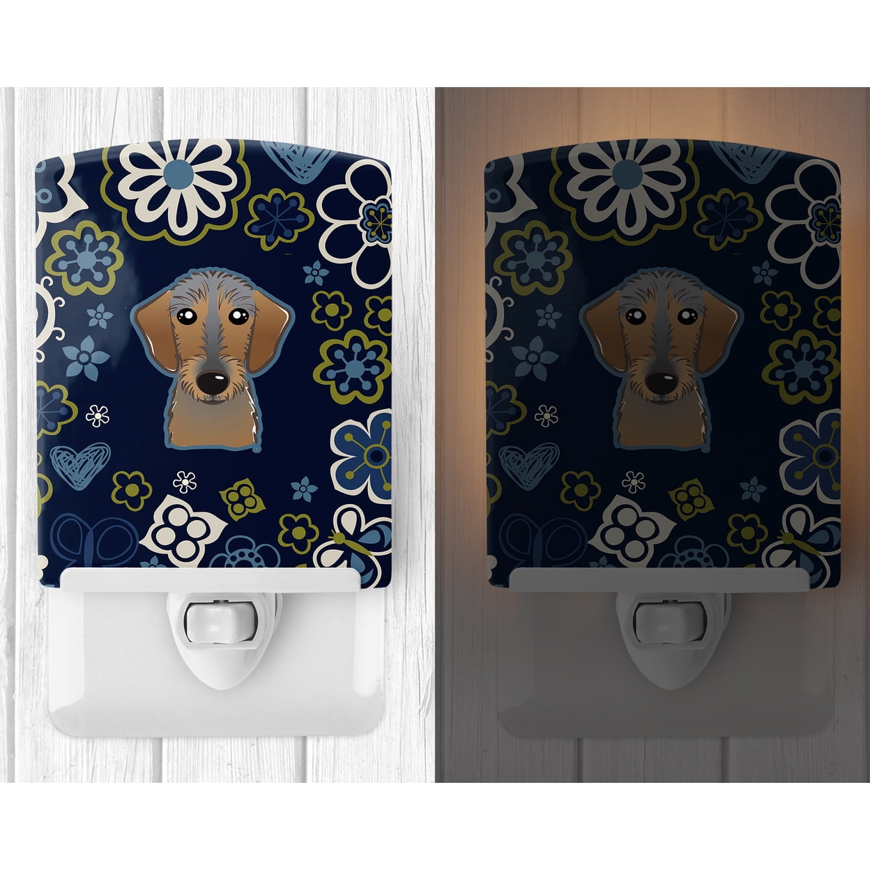 Blue Flowers Wirehaired Dachshund Ceramic Night Light