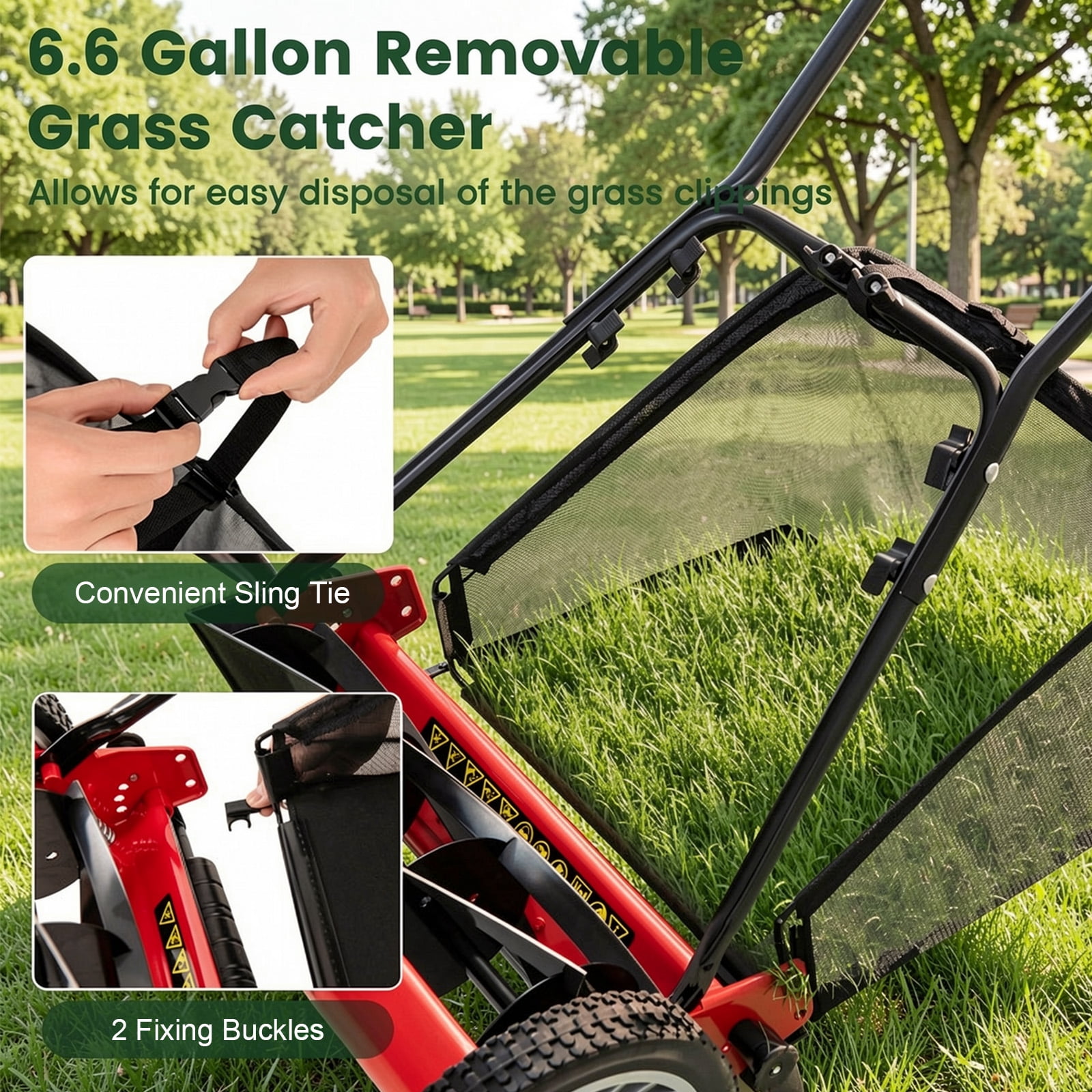 Biotree 16 Inch Push Lawn Mower with 5 Steel Blades and Grass Catcher Bag-Red Manual Reel Eco-Friendly