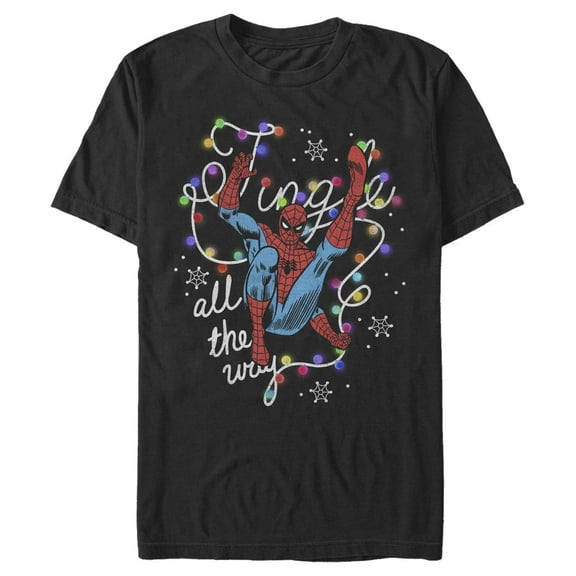 Men's Marvel Christmas Spider-Man Jingle All the Way Lights Graphic Tee Black Large