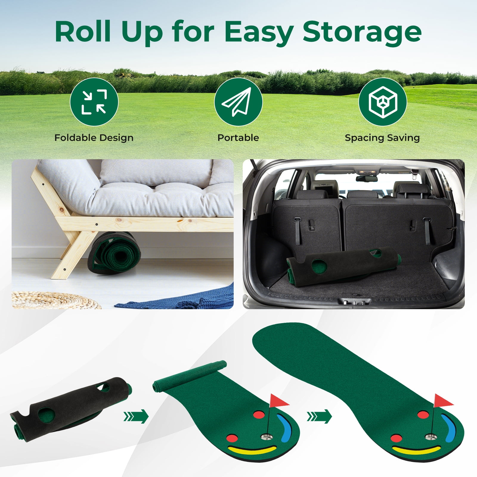 Costway 9.8FT X 3FT Par 3 Holes Golf Putting Green Mat Set for Indoor & Outdoor Practice