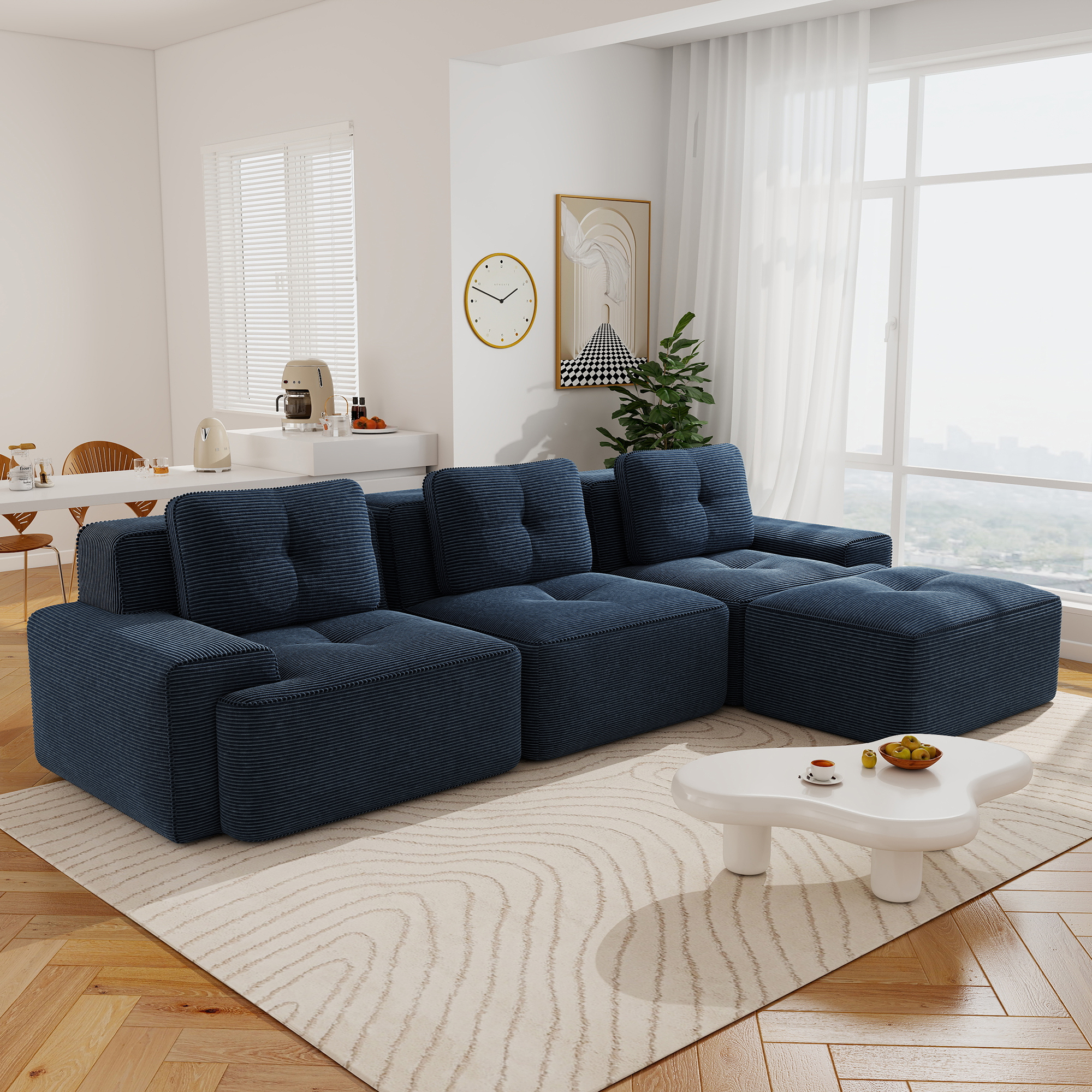 Aukfa Corduroy 4-Piece Modular Sectional Sofa, 93-in Wide 3-Seat Sofa with Ottoman, Tufted Design, Blue