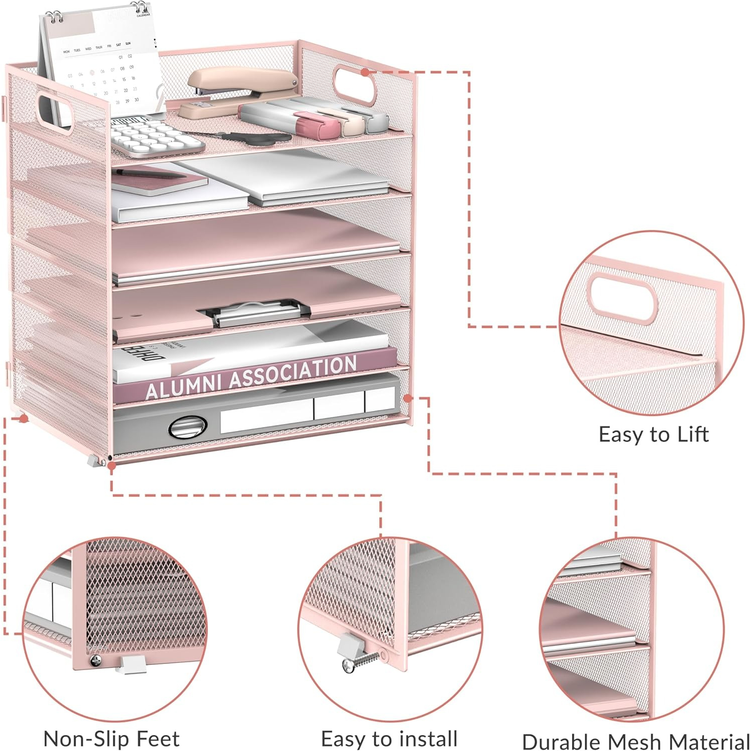 INTIGE 6 Tier Paper Organizer for Desk, Paper Letter Tray Organizer, Metal Mesh Desk File Organizers with Handle for Office/Home