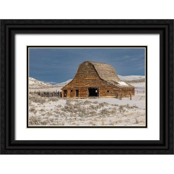 Jones, Adam 32x23 Black Ornate Wood Framed with Double Matting Museum Art Print Titled - Barn in winter-Montana