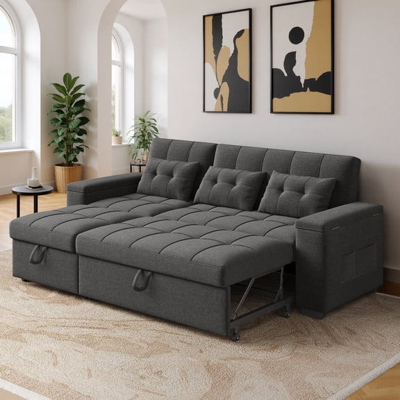 Noelse 87" Convertible Sofa Bed, Queen Size Sleeper with Pull Out Couch, 3 in 1 Sectional Sleeper Sofa with Side Pockets, Storage Armrest, Adjustable Backrest for Living Room, Dark Grey