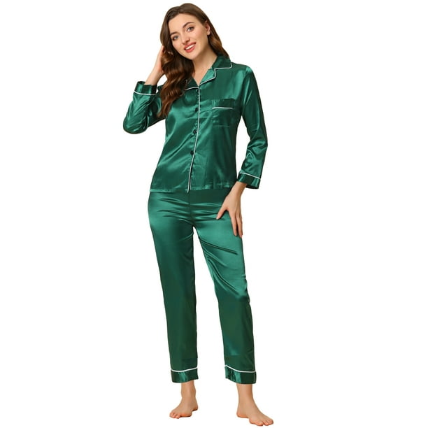 Conjuntos de pijama para mujer Allegra K Ropa de dormir de manga larga con  botones Traje de noche suave Verde M