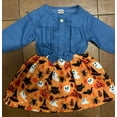 thumbnail image 2 of Robe en Denim à Coutures pour Filles, Décontractée, Col Rond, à Simple Boutonnage, Manches Longues, Robe de Fête d'Halloween, 2 of 4