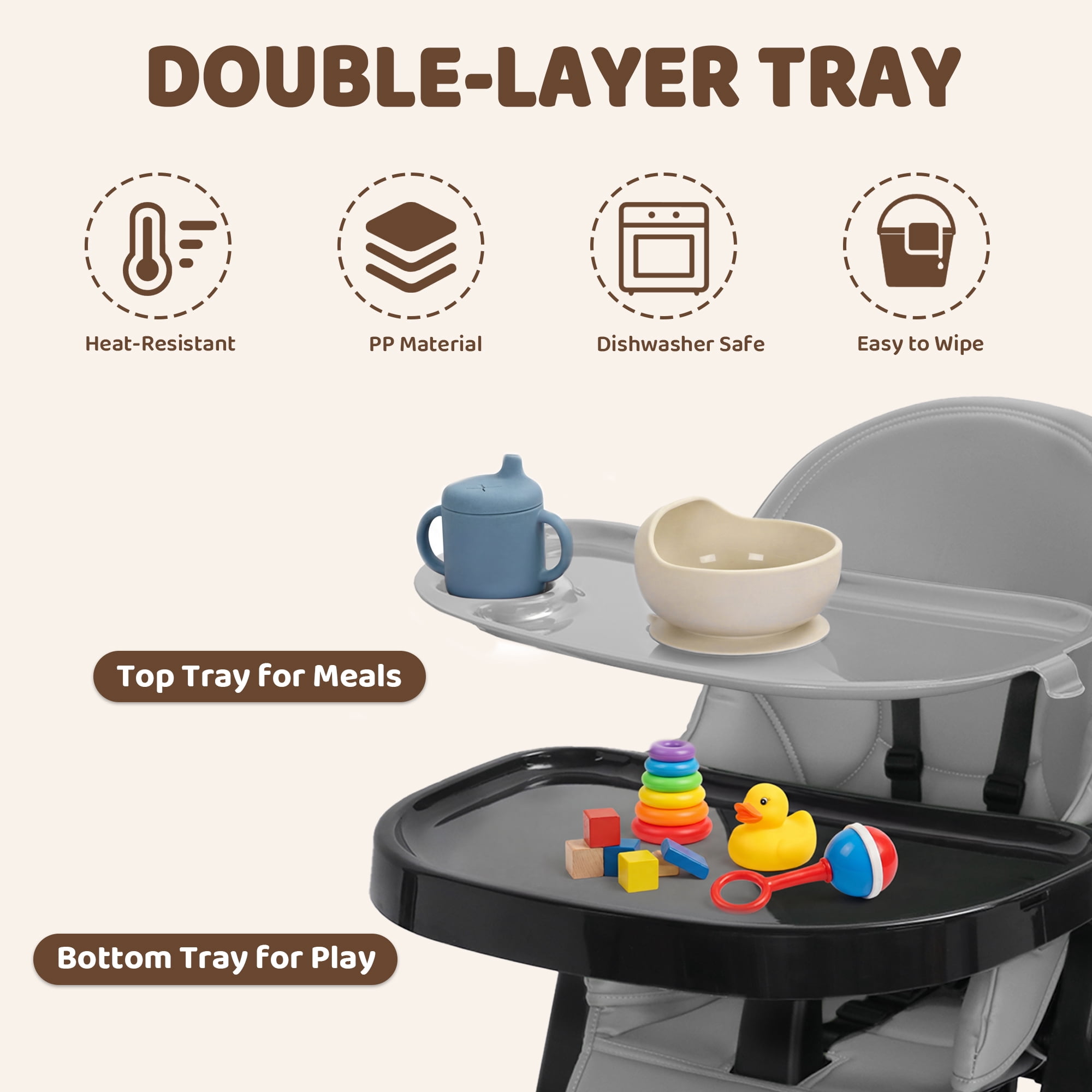 AILEEKISS Foldable High Chair for Baby, Toddler Eating Chair with Detachable Double Trays, Grey