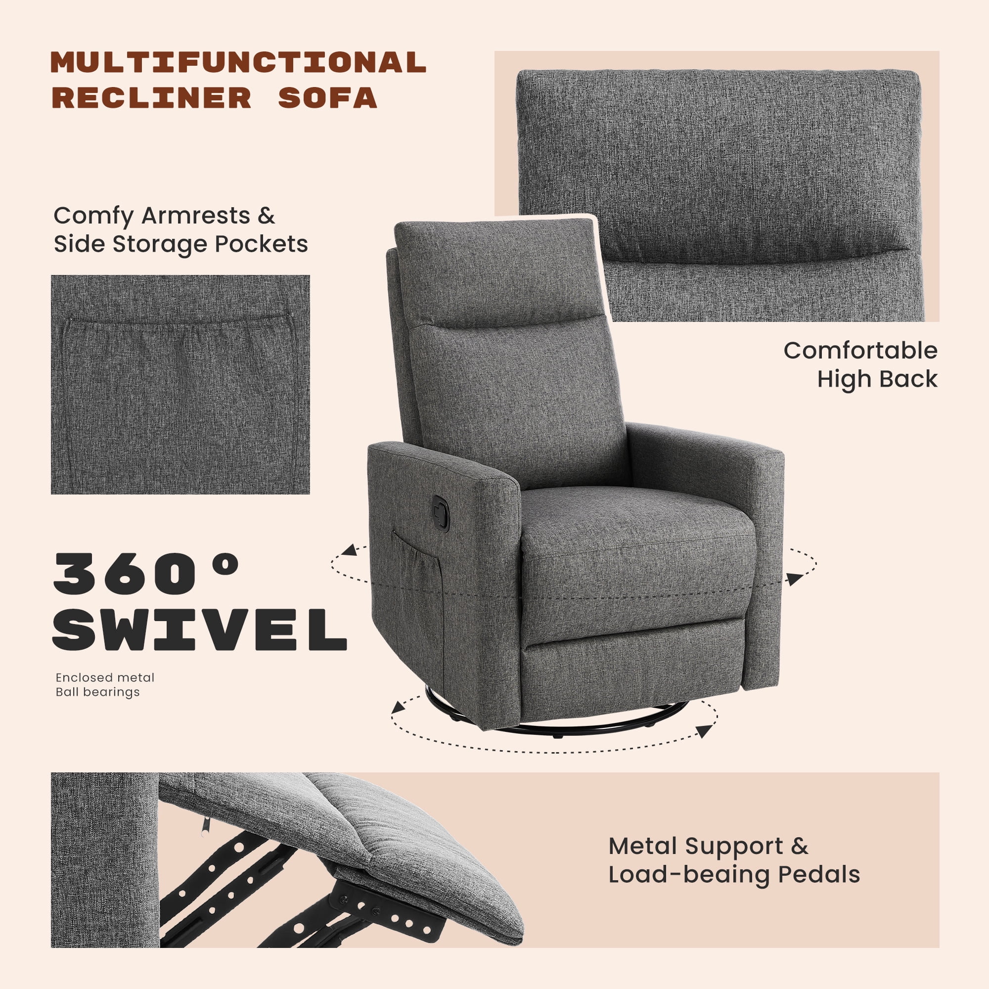 GIANNA Comfortable Swivel Recliner Chair with Extra Large Footrest & High Back – Upholstered Nursery Rocker for Living Room, Deep Seat Glider Recliner, Grey