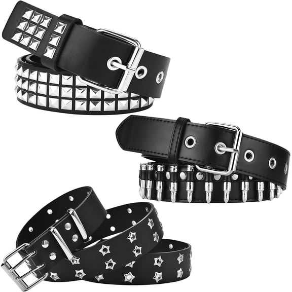 3 count Black Studded Belt Y2K Cool Gothic Punk Rock Belts with Grommet Threads Metal Pyramid for Women Men