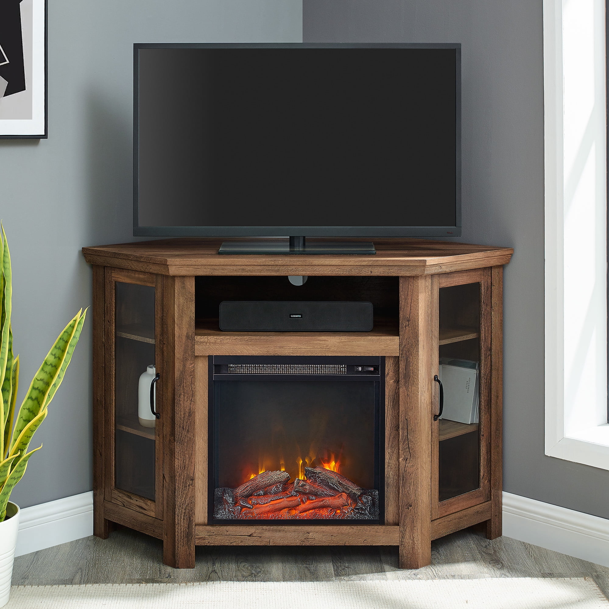 Walker Edison Rustic Oak Corner Fireplace TV Stand for TVs up to 50"