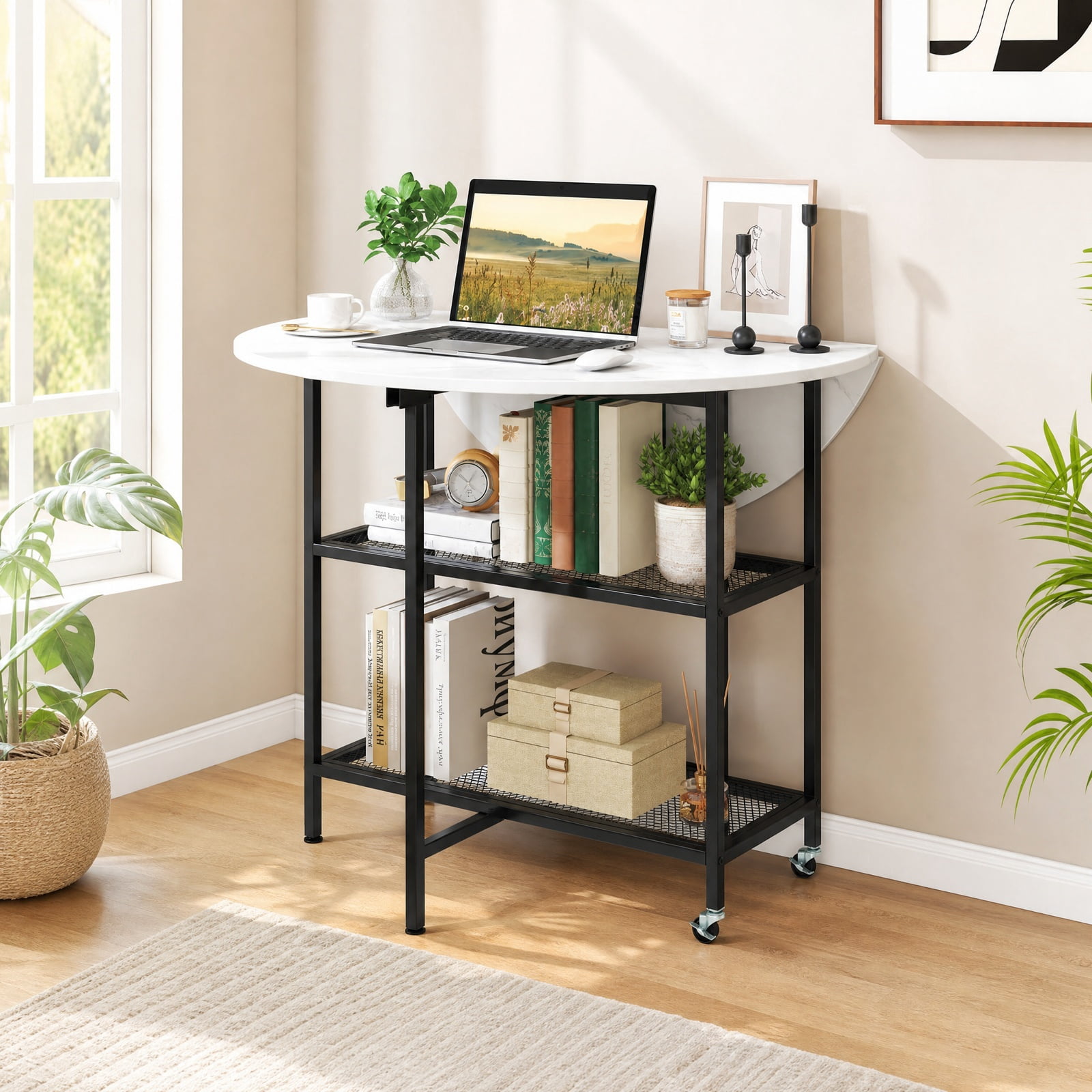 Furnibear Folding Round Dining Table with Lockable Wheels and 2 Storage Shelves and Sturdy Metal Frame for Small Spaces, White