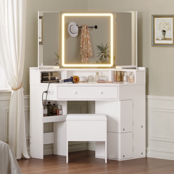 Corner Vanity Desk Set with Tri-Fold Mirror and Lights,with Storage Stool, Makeup Vanities with Drawers &Charging Station, 3 Light Settings,Home Furniture for Girls Bedroom Decor,White Dresser