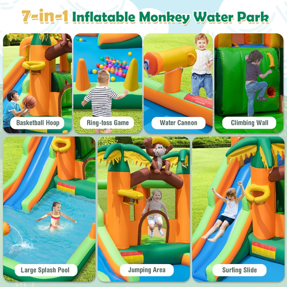 Aimee Lii Monkey-Themed Inflatable Bounce House with Slide without Blower, Toddlers Boys Girls Backyard Party Gifts