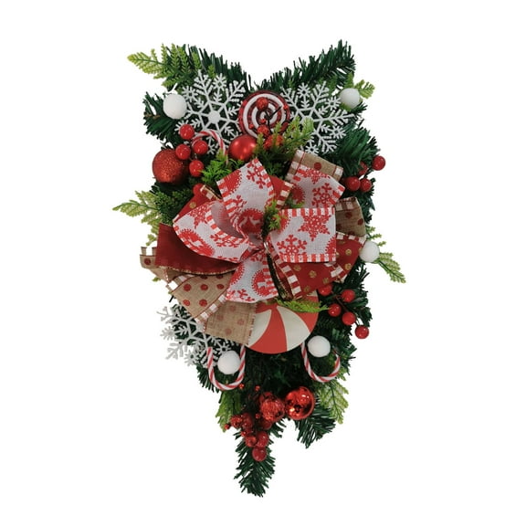 Holloyiver Candy Cane Christmas Wreath, Christmas Swags and Wreaths for Adults, Red and White Teardrop Swag Garlands with Christmas Ball Ornaments for Holiday Wall Front Door Decor, 18.5 Inch