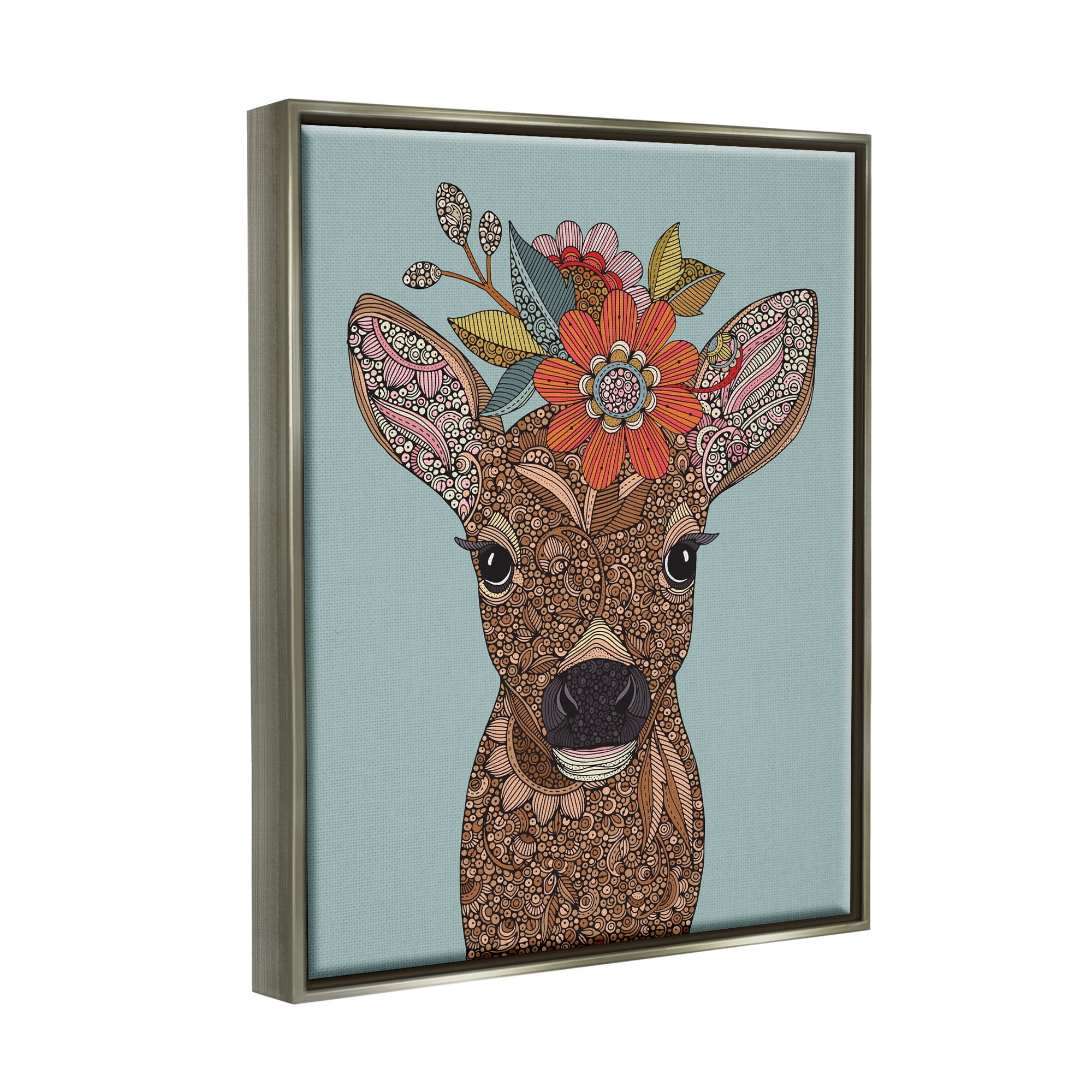 Stupell Industries Baby Deer Fawn Flower Crown Intricate Paisley Designs Graphic Art Luster Gray Floating Framed Canvas Print Wall Art, Design by Valentina Harper