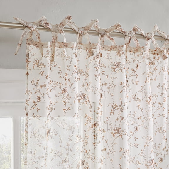No. 918 Lioren 2-pack Tonal Floral Sheer Pre-Tied Bow Tab Top Curtain Panel Pair, Dusty Terracotta, 50"W x 84"L (2 Panels)