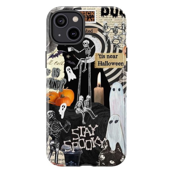 Gothic Halloween Collage Phone Case Stay Spooky Skeletons, Ghosts & Pumpkins, Vintage Black & White Horror Aesthetic, Fits iPhone 16 15 14 13 12 11 Pro Max
