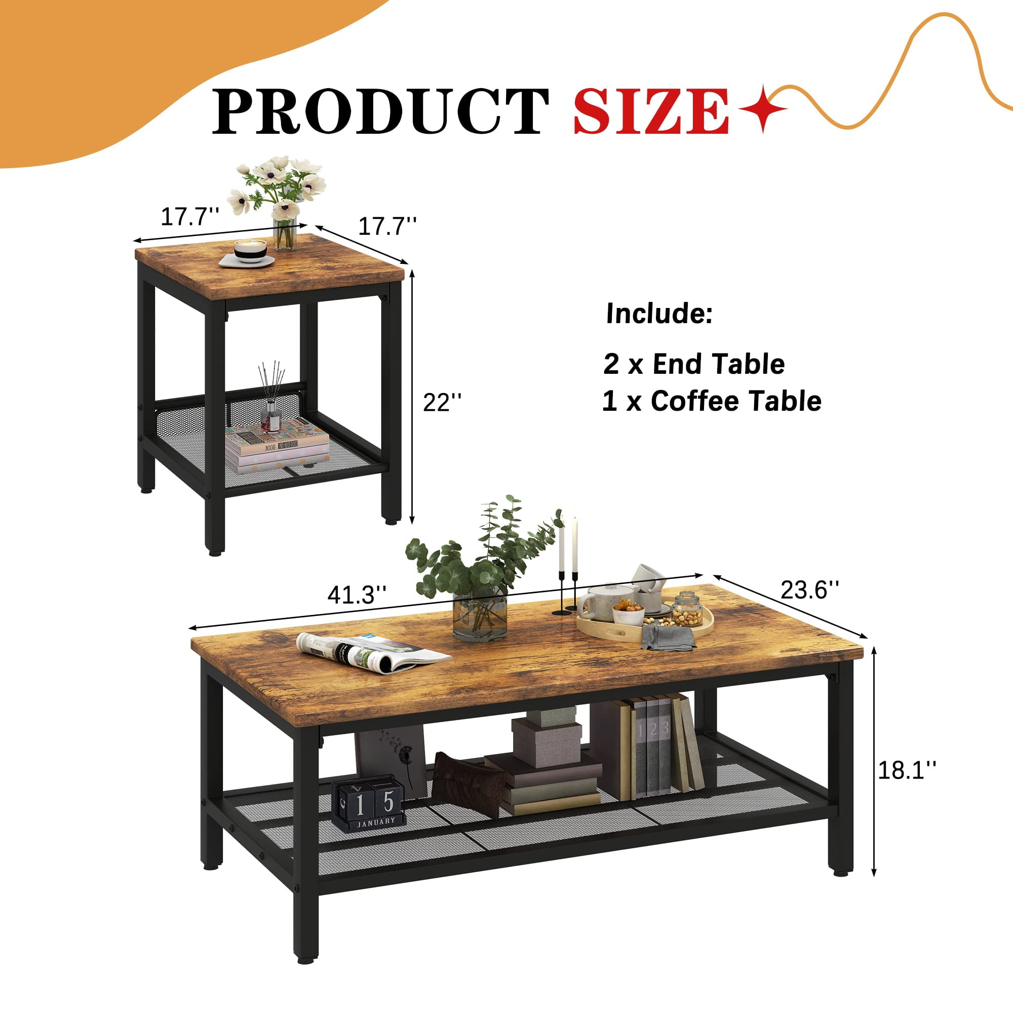Lamerge Storage 3 Piece Modern Living Room Wooden Industrial Coffee Table Set，Brown