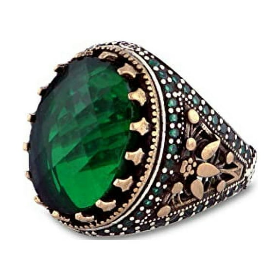 Ephesus Jewelry Handmade Sterling Silver Zircon Gemstone Men's Ring (Green | Black)