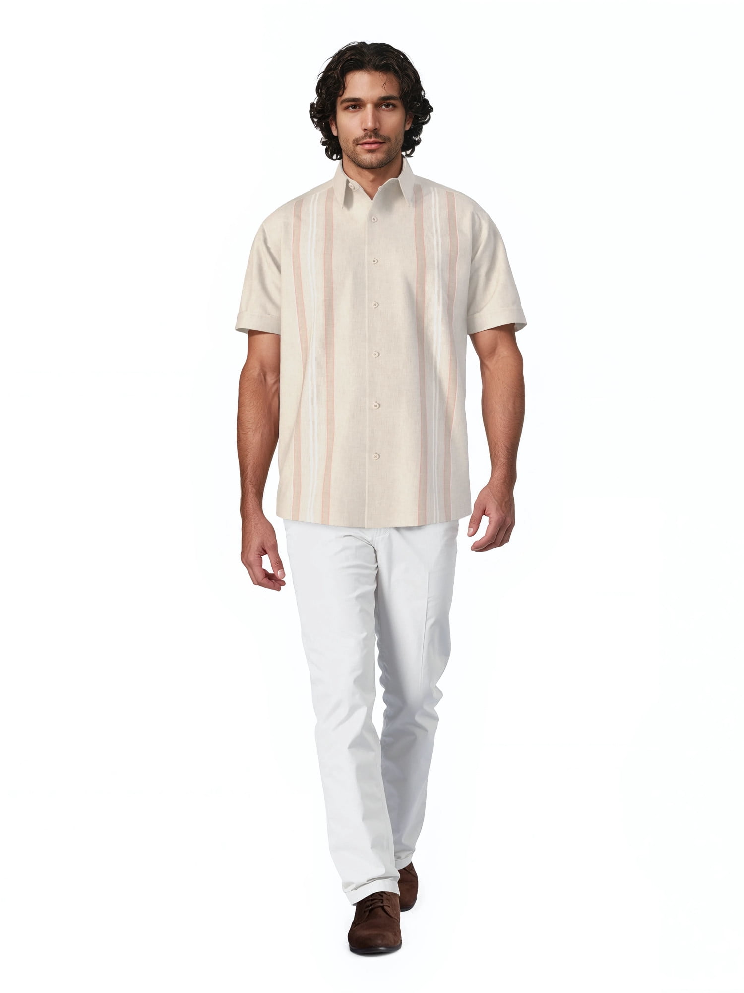 Havanera Men's and Big Men's Yarn Dyed Panels Short Sleeve Linen Cotton Button-Down Shirt, Sizes S-5XL