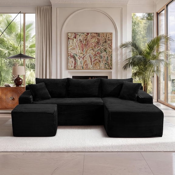 94.5" Boneless Couch, U-Shaped Modular Sectional Sofa, Corduroy Cloud Couches with Right Facing Chaise, Ottoman, Pillows, Side Pockets, No Assembly Required, for Living Room, Apartment, Black