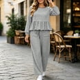 thumbnail image 2 of DYTTDG Women's Plaid Print 2-Piece Outfit Set | Long-Sleeve Crew-Neck Ruffle-Hem Top & Elastic Drawstring-Waist Pocket Wide-Leg Pants for Daily Casual Wear, 2 of 8